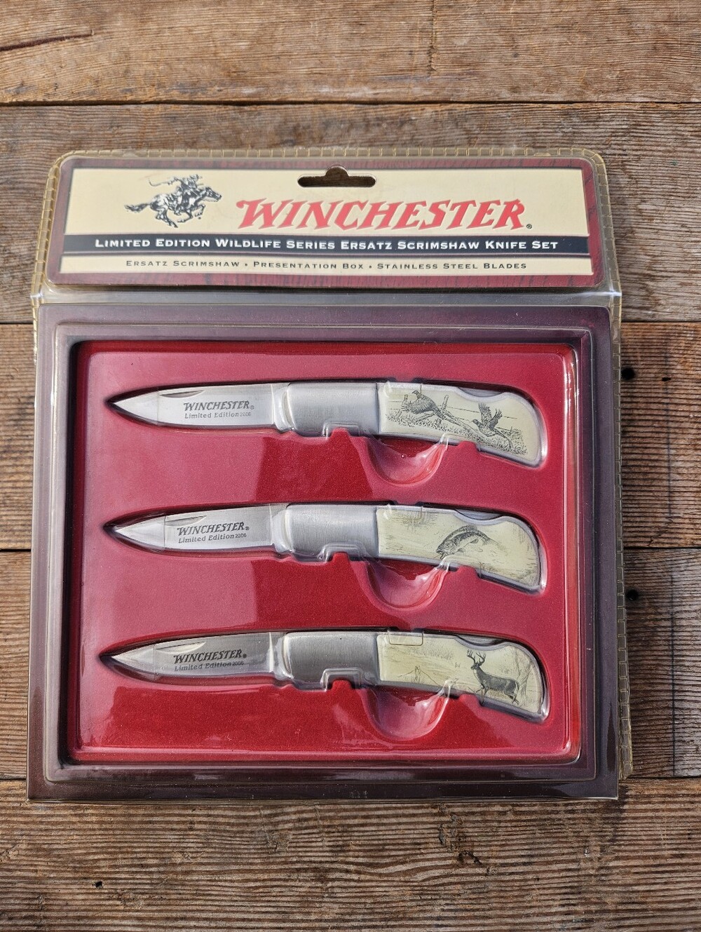 Winchester Limited Edition 3pc Wildlife Series Ersatz Scrimshaw Knife Set NIB